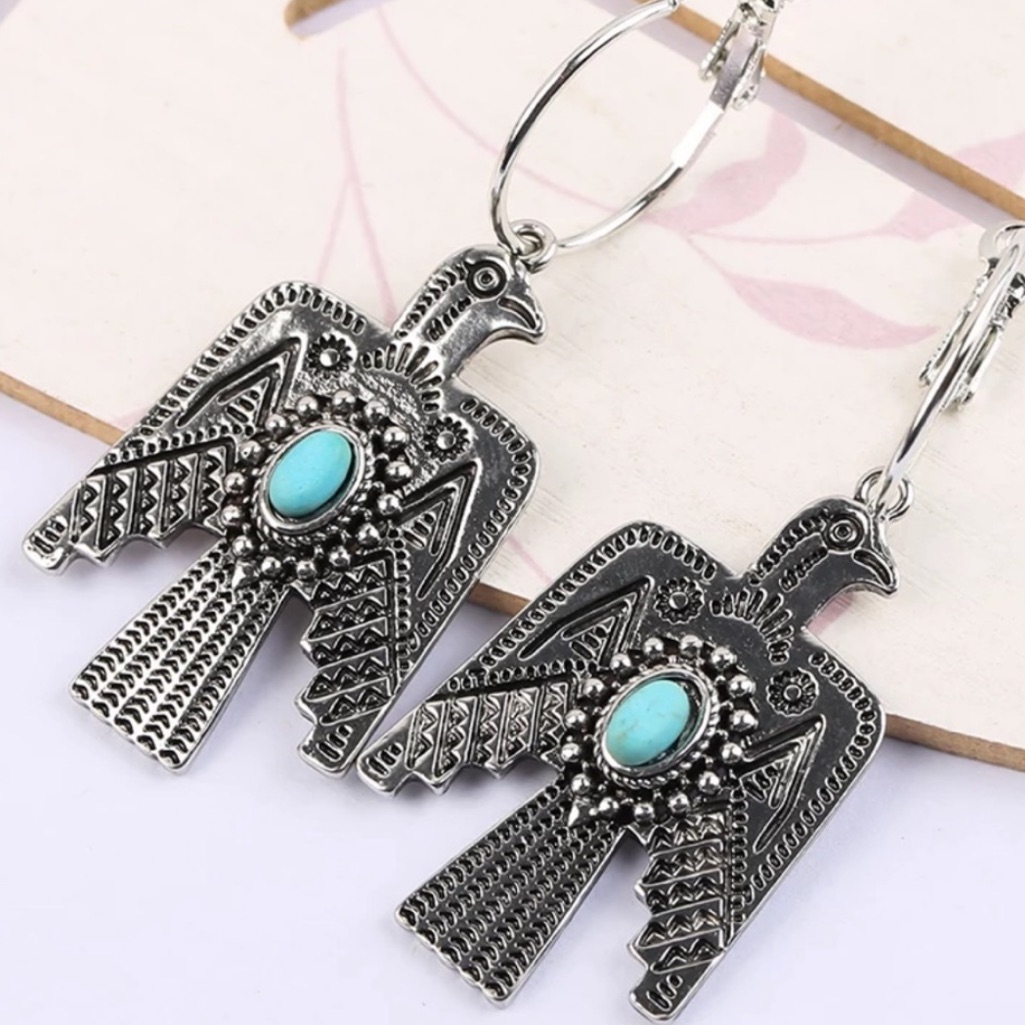 Boho Silver Jade Eagle Hoop Dangle Fashion Earrings Native Tribal Western Nwt